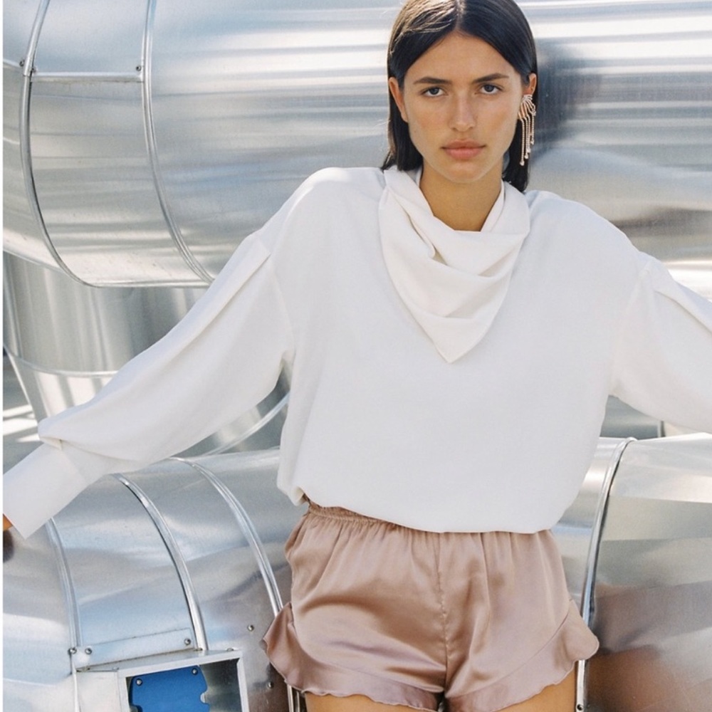 Zara Scarf Collar Blouse - Beige Bandana Blouse Long Sleeve Medium New with Tags